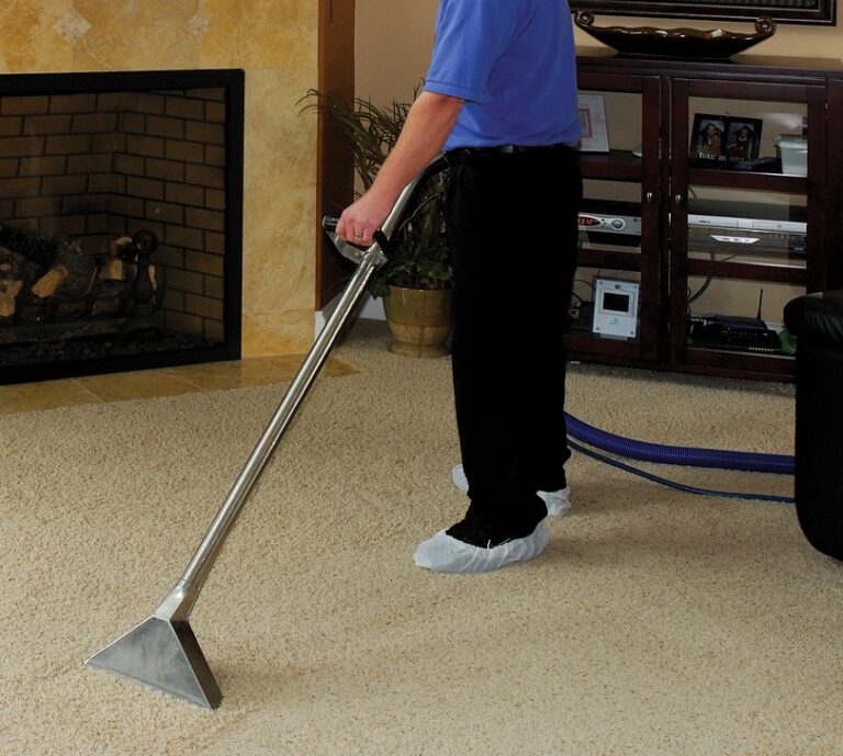 professional in blue shirt and black pants cleaning carpet