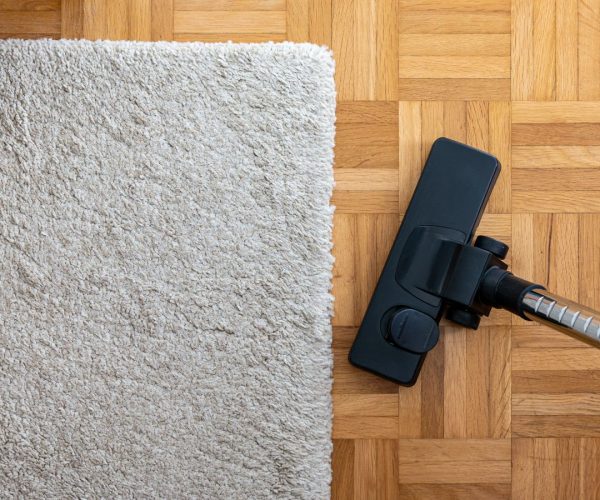 Vacuum cleaner extension on a laminated wooden floor next to a grey fabric rug 2019